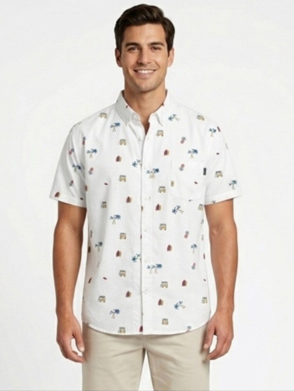 Molokai Surf Co. Mens Sz L White Surfboard Van Palm Tree Print Button Down Shirt